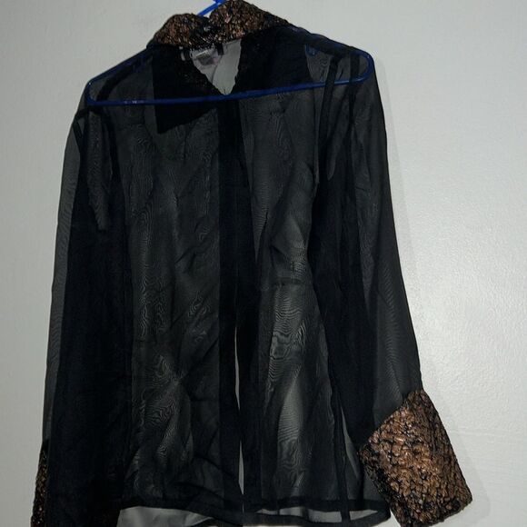 Ribkoff Trends VTG Sheer Black Blouse Button Front Ruched Trim Collared Cuffed - Picture 8 of 8